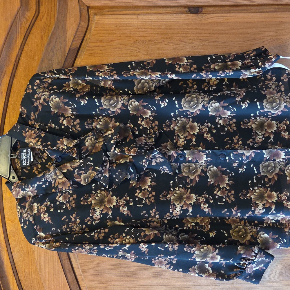 Vtg Women's Med Petite Black Floral Long Sleeve Blouse Top 90's $30